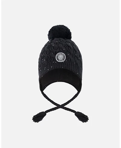 Deux par Girl Winter Peruvian Knit Hat with Pompom and Lining Black - Toddler|Child