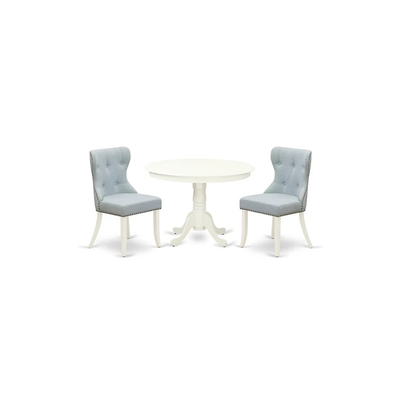 East West Furniture modern dining table set of two fantastic parson dining chairs with Linen Fabric Baby Blue color and a beautiful 42-Inch Antique pe