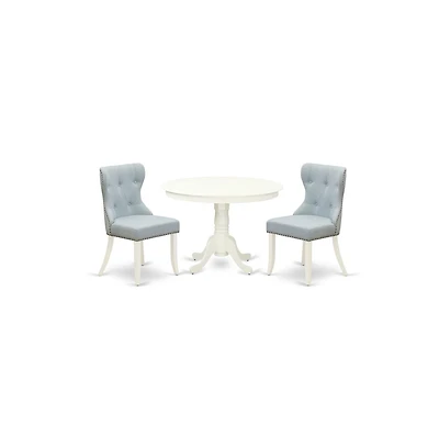 East West Furniture modern dining table set of two fantastic parson dining chairs with Linen Fabric Baby Blue color and a beautiful 42-Inch Antique pe