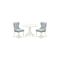 East West Furniture modern dining table set of two fantastic parson dining chairs with Linen Fabric Baby Blue color and a beautiful 42-Inch Antique pe
