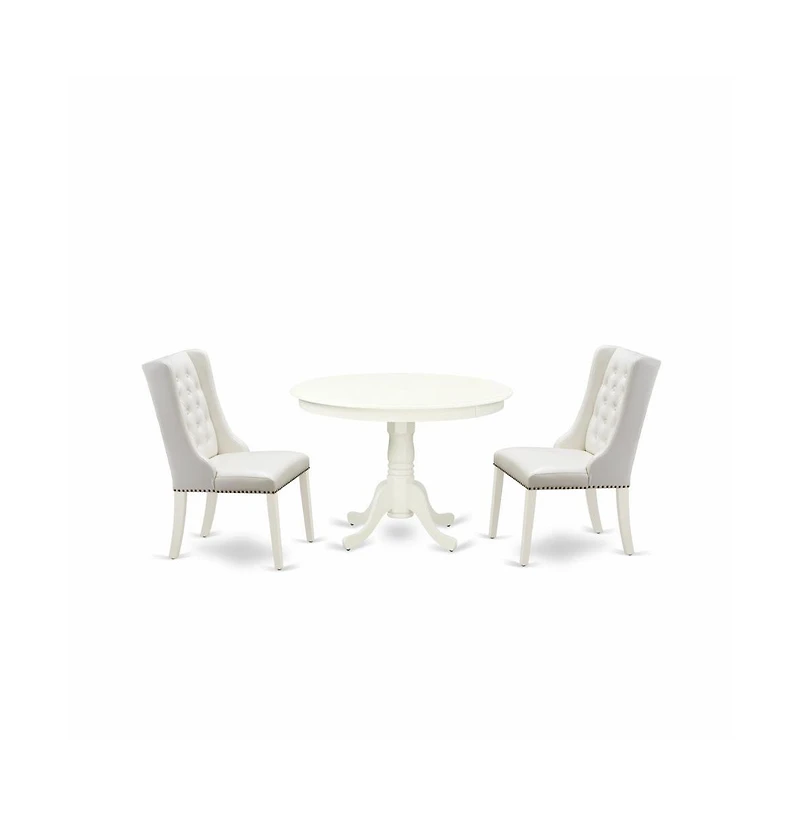 East West Furniture 3-Pc Kitchen Table Set Includes 1 Pedestal Kitchen Table and 2 Light Grey Linen Fabric Parson Chairs with Button Tufted Back