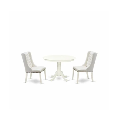 East West Furniture 3-Pc Kitchen Table Set Includes 1 Pedestal Kitchen Table and 2 Light Grey Linen Fabric Parson Chairs with Button Tufted Back