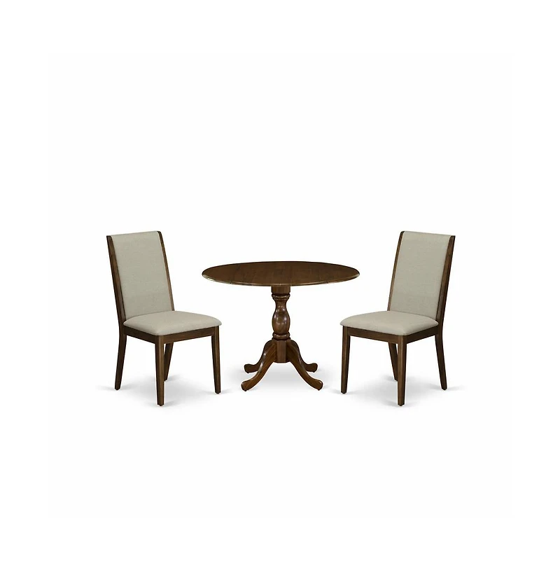 East West Furniture 3 Piece Modern Dining Table Set Contains 1 Drop Leaves Dining Room Table and 2 Grey Linen Fabric Upholstered Chair with High Back