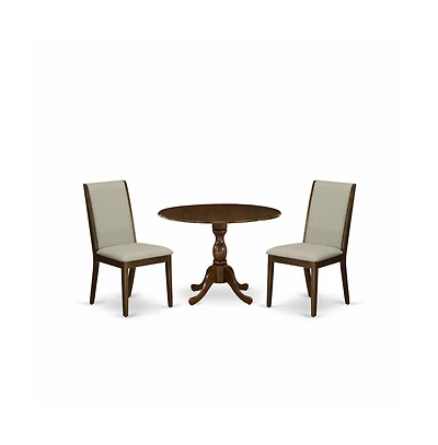 East West Furniture 3 Piece Modern Dining Table Set Contains 1 Drop Leaves Dining Room Table and 2 Grey Linen Fabric Upholstered Chair with High Back