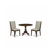 East West Furniture 3 Piece Modern Dining Table Set Contains 1 Drop Leaves Dining Room Table and 2 Grey Linen Fabric Upholstered Chair with High Back