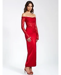 Miss Circle Women's Nessa Red Lace Satin Corset Maxi Dress