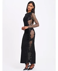 Miss Circle Women's Bailey Lace Trim Crystal Net Cutout Long Sleeve Gown