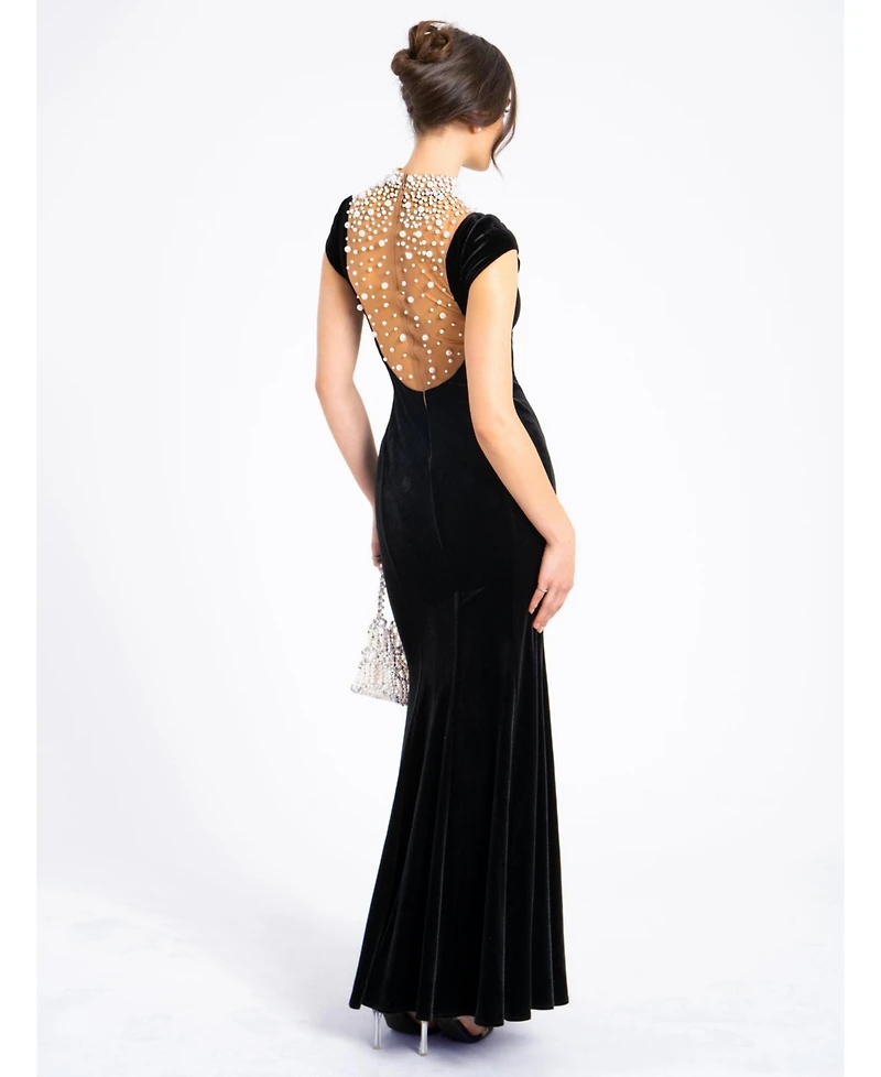 Miss Circle Women Rachael Black Velvet Pearl Embellished Gown