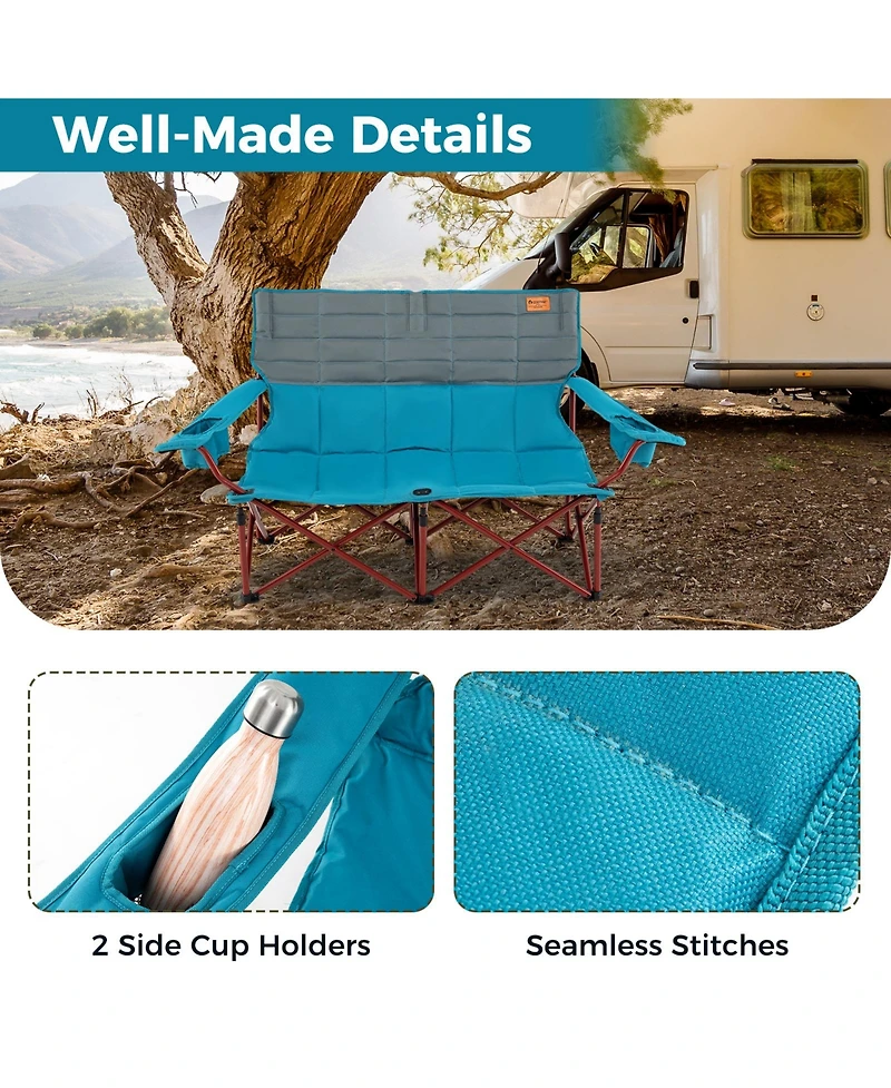 Akiudex oversized camping chair folding loveseat camping couch with cup holders & thick padding