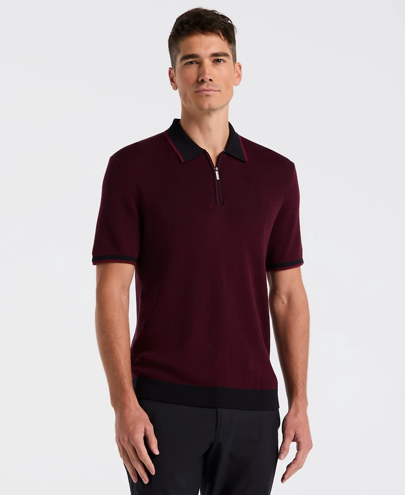 Perry Ellis Men's Bi-Color Stitch Quarter-Zip Short Sleeve Polo Shirt