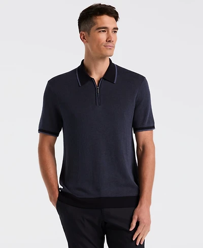 Perry Ellis Men's Bi-Color Stitch Quarter-Zip Short Sleeve Polo Shirt