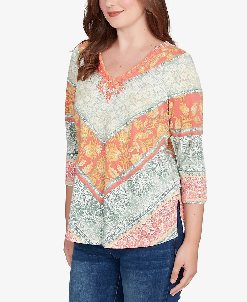 Ruby Rd. Petite Embellished Floral Chevron Knit Top