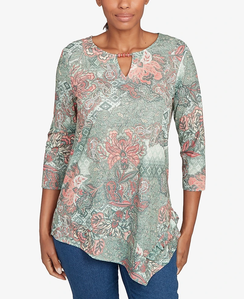 Ruby Rd. Petite Floral Patchwork Split Beaded Neck Top