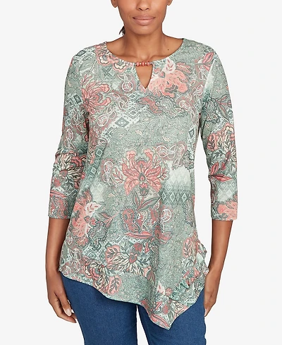 Ruby Rd. Petite Floral Patchwork Split Beaded Neck Top