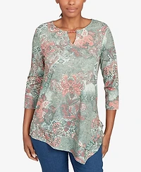 Ruby Rd. Petite Floral Patchwork Split Beaded Neck Top