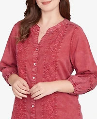Ruby Rd. Petite Artisan Embroidered Button Front Top