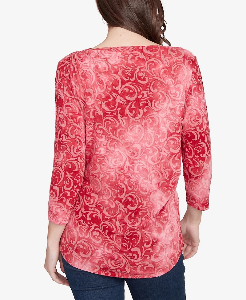 Ruby Rd. Petite Tie Dye Scroll Floral Hatchi Top