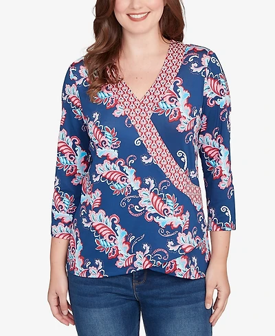 Ruby Rd. Petite Ikat Floral Puff Print Surplice Top