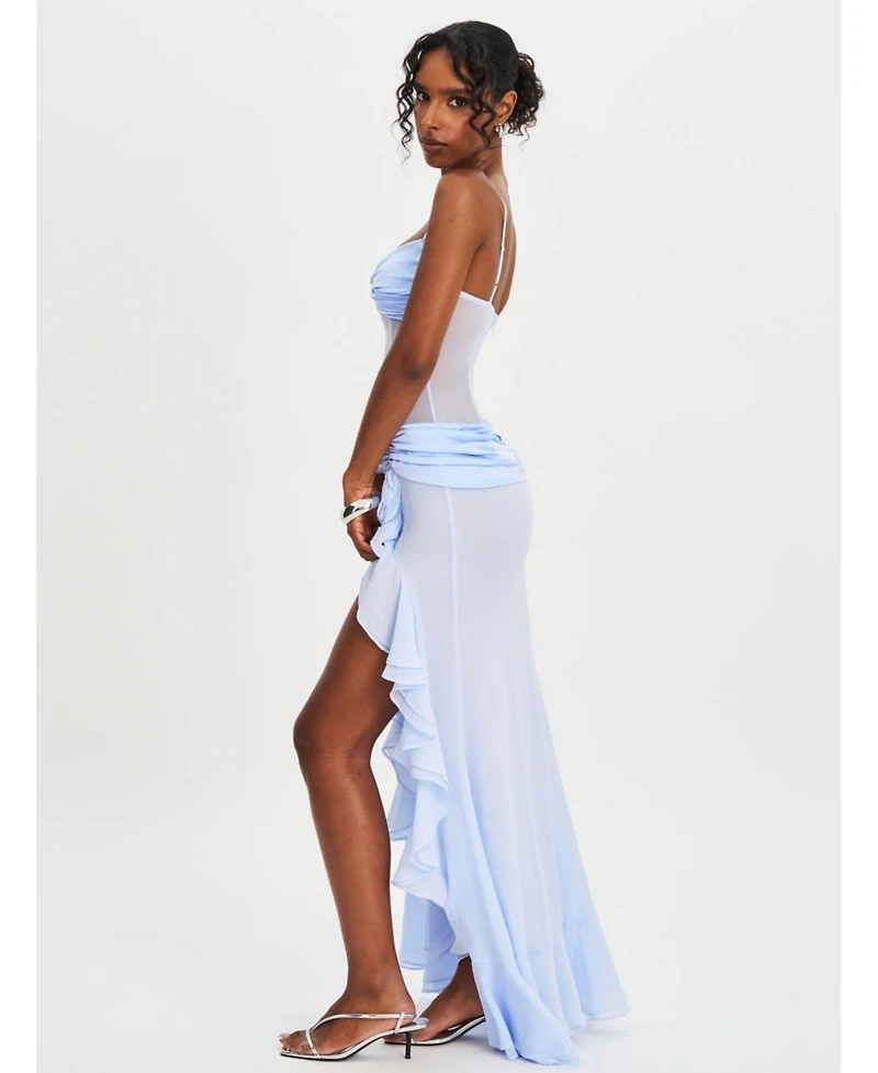 Miss Circle Women Lacy Blue Ruched Breast High Slit Chiffon Dress