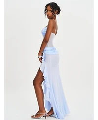 Miss Circle Women Lacy Blue Ruched Breast High Slit Chiffon Dress