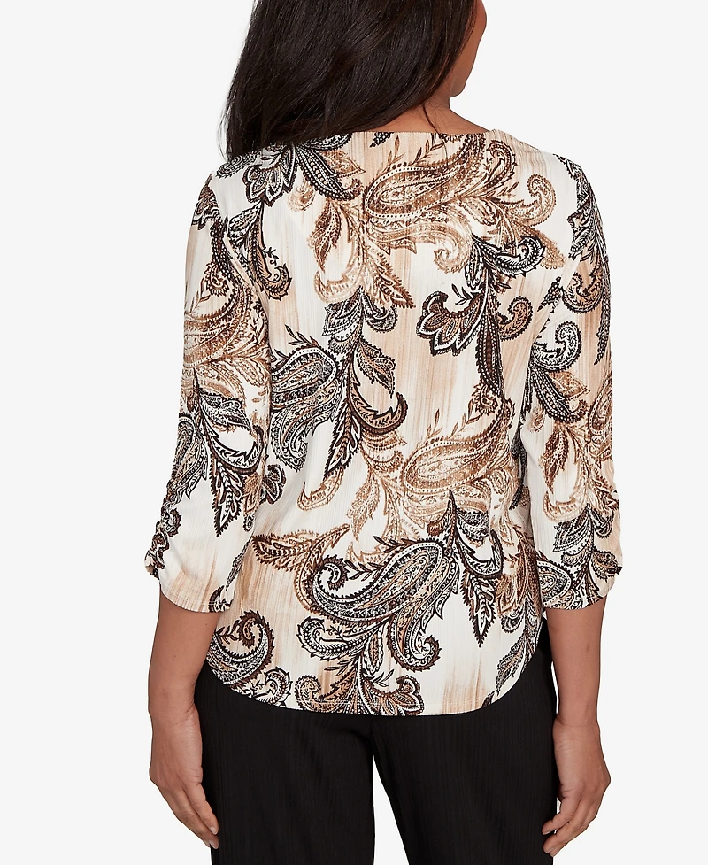 Alfred Dunner Petite Textured Paisley Ruched Sleeves Top