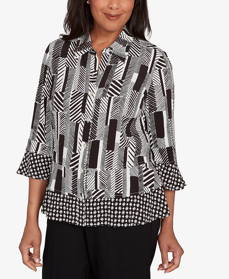 Alfred Dunner Petite Woven Zebra Button Front Top