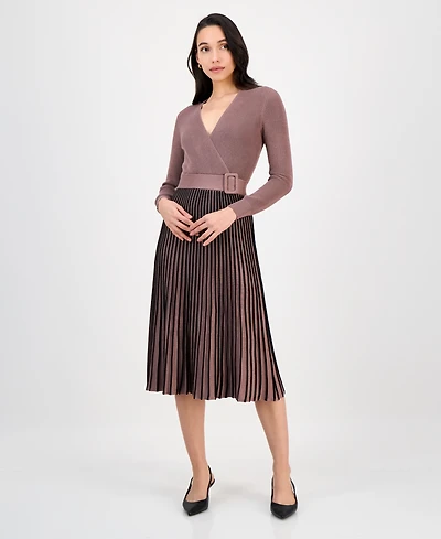 Robbie Bee Women's Two-Tone Belted Sweater Dress