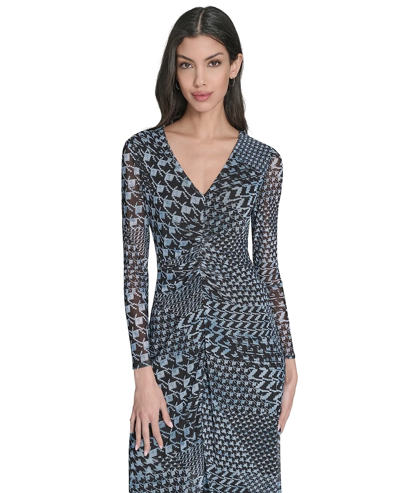Eliza J Women's Long-Sleeve Printed-Mesh Midi Dress