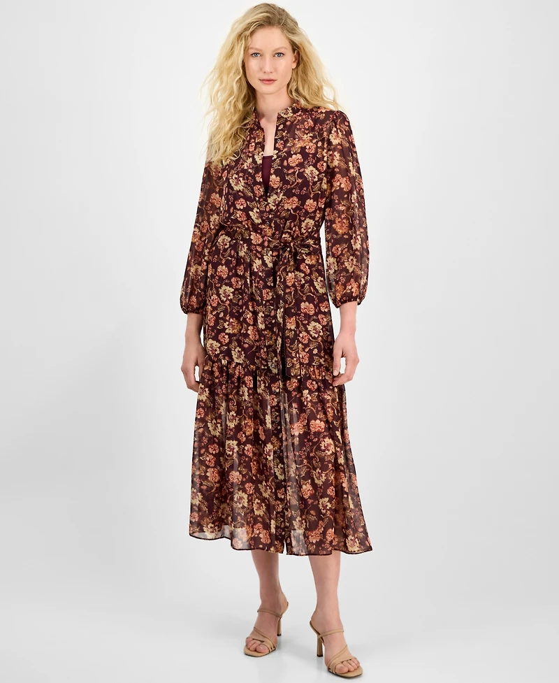 julia jordan Women's Floral Chiffon Tie-Waist 3/4-Sleeve Dress