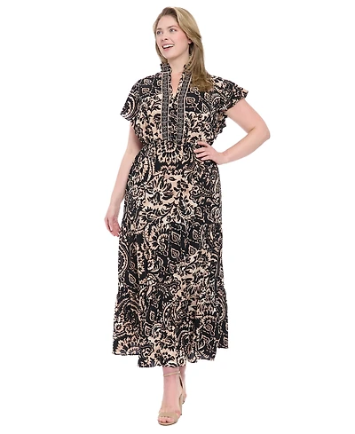 London Times Plus Slit Neck Print Maxi Dress