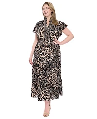London Times Plus Slit Neck Print Maxi Dress