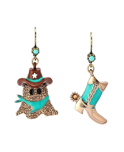 Betsey Johnson Faux Stone Cowboy Ghost Boot Mismatch Drop Earrings