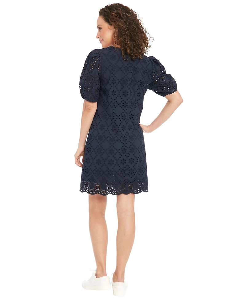 London Times Petite Cotton Eyelet Puff-Sleeve Dress
