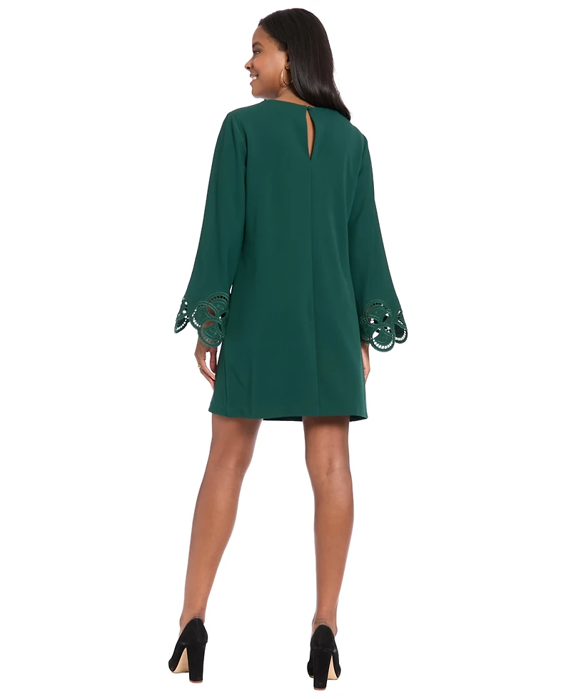 London Times Petite Scuba Laser-Cut Long-Sleeve A-Line Dress