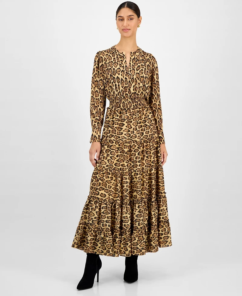 T Tahari Women's Animal-Print Split-Neck Maxi Dress