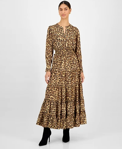 T Tahari Women's Animal-Print Split-Neck Maxi Dress