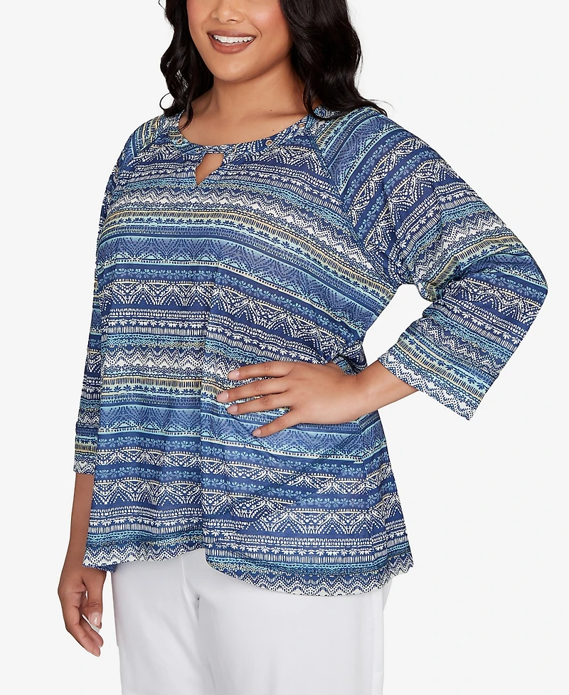 Hearts Of Palm Plus Printed Tulip Hem Slub Top