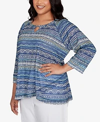 Hearts Of Palm Plus Printed Tulip Hem Slub Top