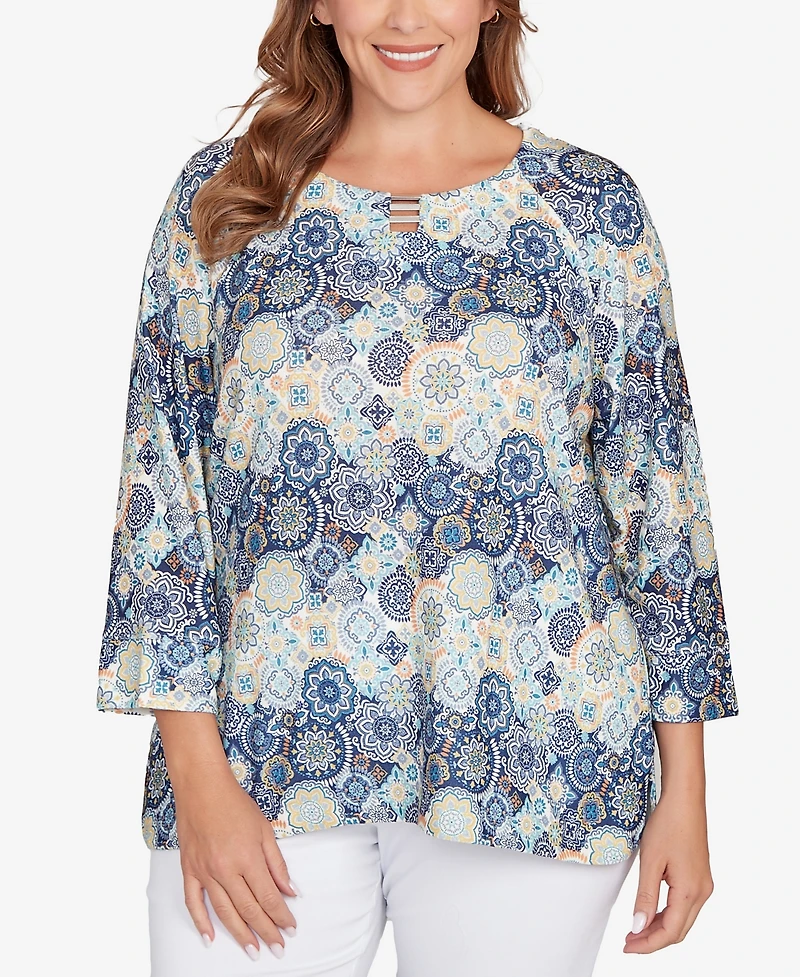 Hearts Of Palm Plus Printed Hachi 3/4 Sleeve Top