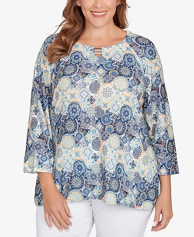 Hearts Of Palm Plus Printed Hachi 3/4 Sleeve Top