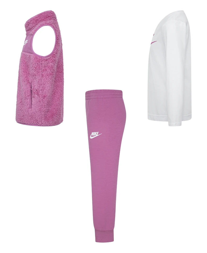 Nike Little Girls 3-Piece Magic Flamingo Vest, Long Sleeve T-Shirt and Pull On Pant Set