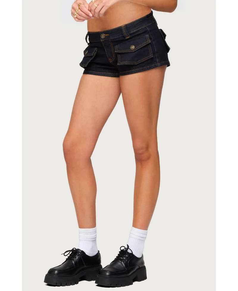 Edikted Womens Cavella Stretchy Denim Micro Shorts