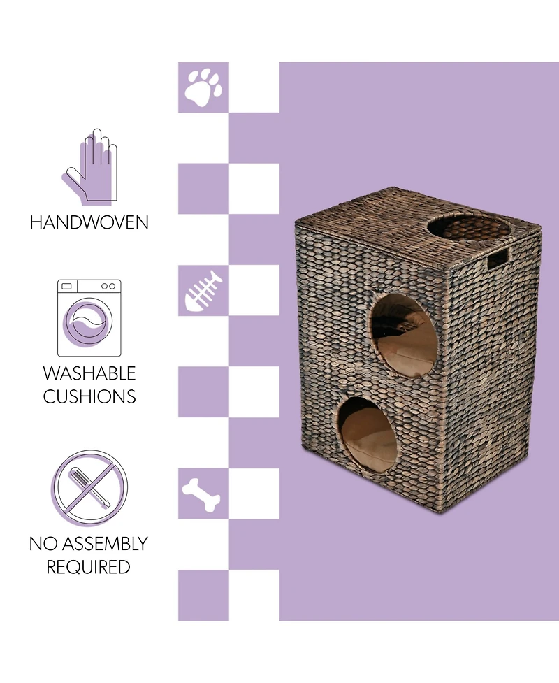 Jaxon 18" Modern Classic 2-Tier Handwoven Hyacinth Rectangular 5-Hole Pet Condo with 2 Machine-Washable Cushions