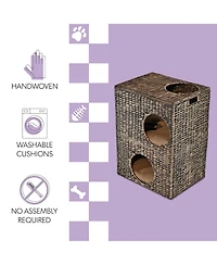 Jaxon 18" Modern Classic 2-Tier Handwoven Hyacinth Rectangular 5-Hole Pet Condo with 2 Machine-Washable Cushions
