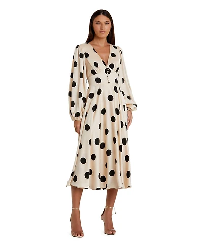 Mac Duggal Women's Polka Dot Charmeuse Long Sleeve V Neck Midi Dress