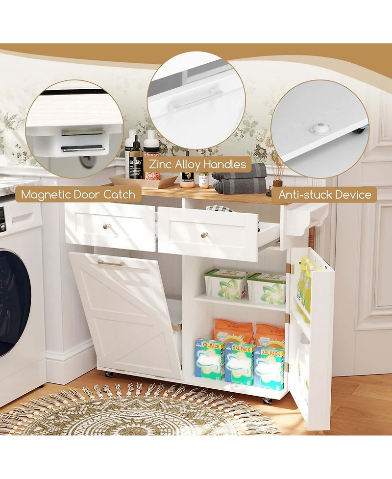 Costway Rolling Kitchen Island Kitchen Island Cart with Drop Leaf Trash Can Cabinet