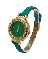 Olivia Pratt Green Thin Solid Color Strap and Rhinestones Women Watch