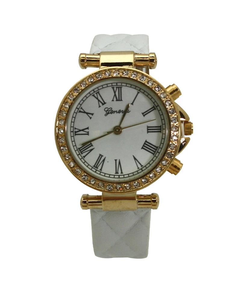 Olivia Pratt White Quilted and Gold Detail Leather Strap Watch