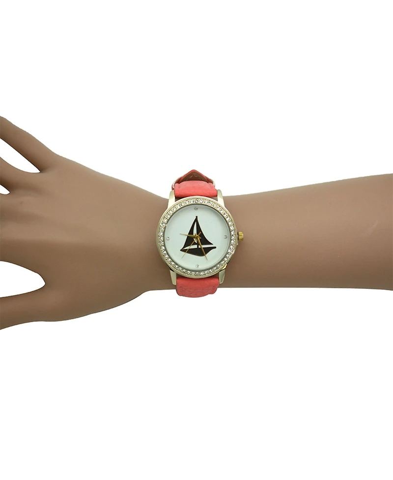 Pink Classic Style Sailboat Leather Strap Watch