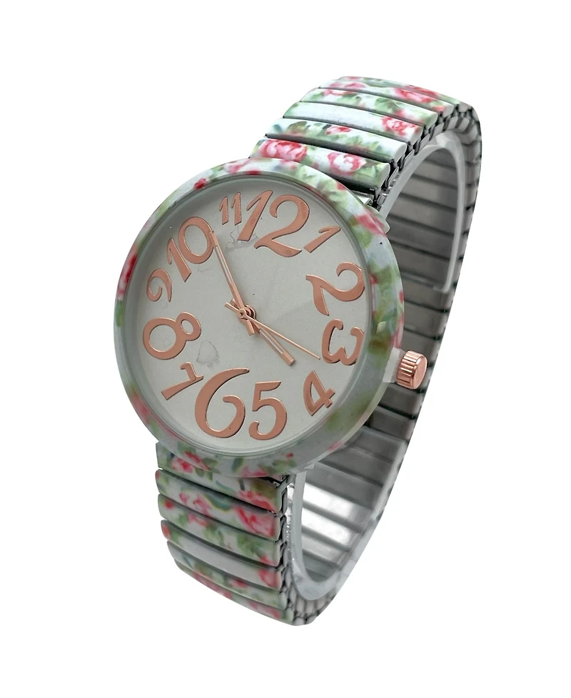 Olivia Pratt Mint Floral Big Dial Easy Reader Watch Floral Elastic Stretch Band Wristwatch Women Watch